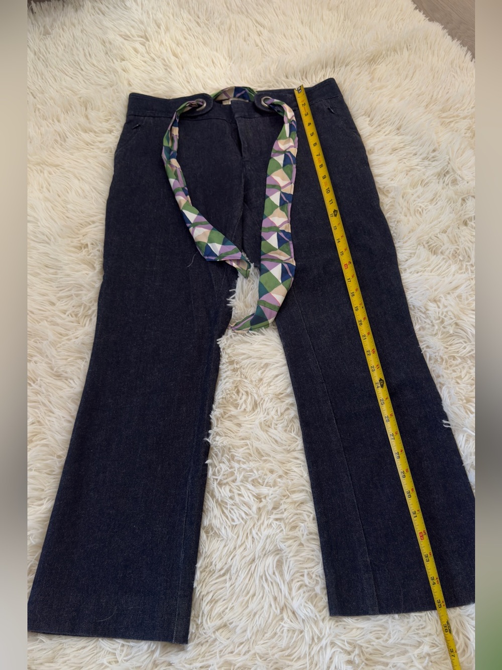 Anthropologie High-Rise Dark Indigo Jeans with Multicolor Geometric Tie - Picture 7 of 8